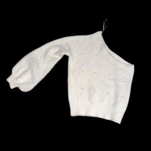 Forever 21 One-Shoulder White Fuzzy Sweater with Pearl Embellishments – Size XL